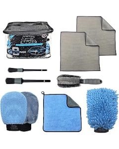 Sudz Budz® Premium Car Wash Kit 8pcs | Washing and Detailing Mitts, Microfibre Towels Set, Wheel Cleaning Brush, Detailing Brushes. Professional Detail Accessories for Exterior and Interior Car Care